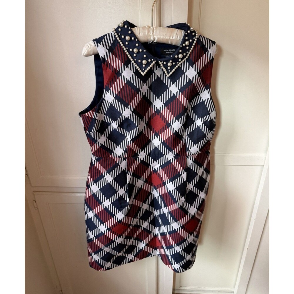 Kate Spade Navy Red Plaid Pearl Collar Mini Sheath Dress NWT - Size 12